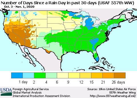United States Number of Days Since a Rain Day in past 30 days (USAF 557th WW) Thematic Map For 10/26/2020 - 11/1/2020