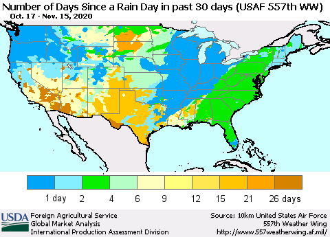 United States Number of Days Since a Rain Day in past 30 days (USAF 557th WW) Thematic Map For 11/9/2020 - 11/15/2020