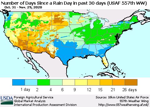 United States Number of Days Since a Rain Day in past 30 days (USAF 557th WW) Thematic Map For 11/23/2020 - 11/29/2020