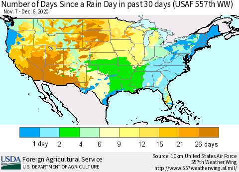 United States Number of Days Since a Rain Day in past 30 days (USAF 557th WW) Thematic Map For 11/30/2020 - 12/6/2020