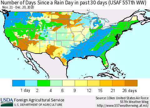 United States Number of Days Since a Rain Day in past 30 days (USAF 557th WW) Thematic Map For 12/14/2020 - 12/20/2020