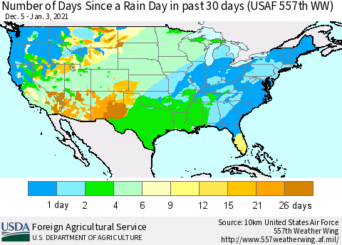 United States Number of Days Since a Rain Day in past 30 days (USAF 557th WW) Thematic Map For 12/28/2020 - 1/3/2021