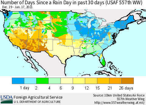 United States Number of Days Since a Rain Day in past 30 days (USAF 557th WW) Thematic Map For 1/11/2021 - 1/17/2021