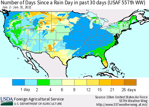 United States Number of Days Since a Rain Day in past 30 days (USAF 557th WW) Thematic Map For 1/25/2021 - 1/31/2021