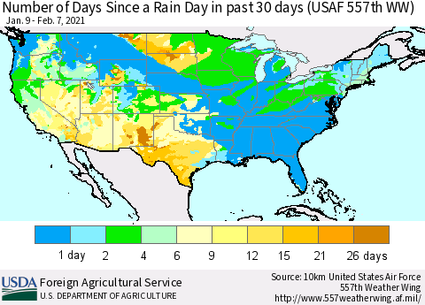 United States Number of Days Since a Rain Day in past 30 days (USAF 557th WW) Thematic Map For 2/1/2021 - 2/7/2021