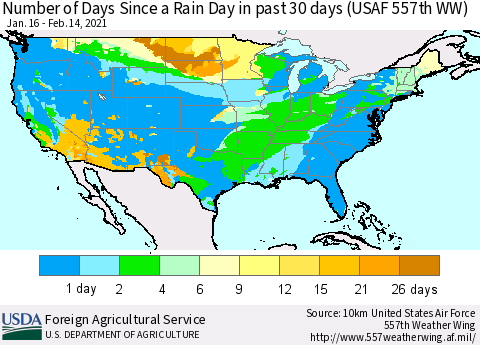 United States Number of Days Since a Rain Day in past 30 days (USAF 557th WW) Thematic Map For 2/8/2021 - 2/14/2021