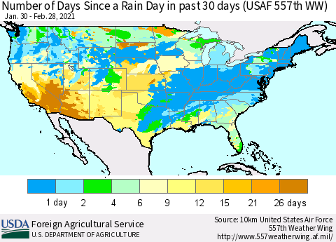 United States Number of Days Since a Rain Day in past 30 days (USAF 557th WW) Thematic Map For 2/22/2021 - 2/28/2021