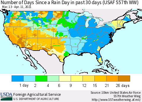 United States Number of Days Since a Rain Day in past 30 days (USAF 557th WW) Thematic Map For 4/5/2021 - 4/11/2021