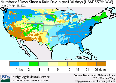United States Number of Days Since a Rain Day in past 30 days (USAF 557th WW) Thematic Map For 4/19/2021 - 4/25/2021