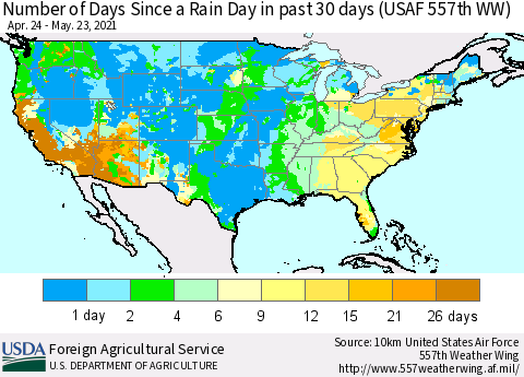 United States Number of Days Since a Rain Day in past 30 days (USAF 557th WW) Thematic Map For 5/17/2021 - 5/23/2021