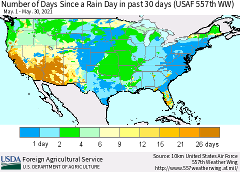 United States Number of Days Since a Rain Day in past 30 days (USAF 557th WW) Thematic Map For 5/24/2021 - 5/30/2021