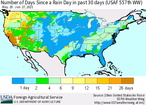 United States Number of Days Since a Rain Day in past 30 days (USAF 557th WW) Thematic Map For 6/21/2021 - 6/27/2021
