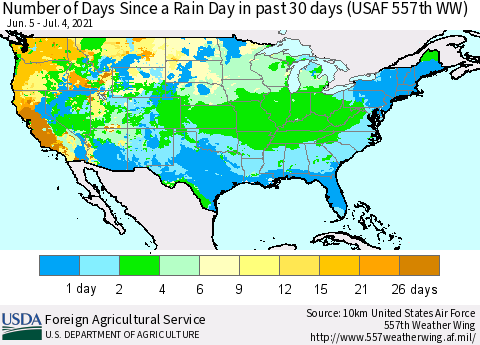 United States Number of Days Since a Rain Day in past 30 days (USAF 557th WW) Thematic Map For 6/28/2021 - 7/4/2021