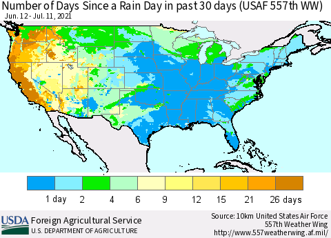 United States Number of Days Since a Rain Day in past 30 days (USAF 557th WW) Thematic Map For 7/5/2021 - 7/11/2021