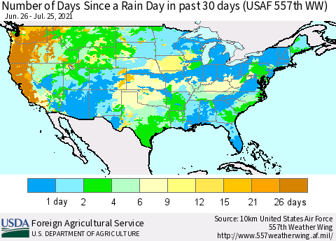 United States Number of Days Since a Rain Day in past 30 days (USAF 557th WW) Thematic Map For 7/19/2021 - 7/25/2021