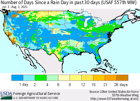 United States Number of Days Since a Rain Day in past 30 days (USAF 557th WW) Thematic Map For 7/26/2021 - 8/1/2021