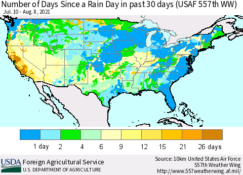 United States Number of Days Since a Rain Day in past 30 days (USAF 557th WW) Thematic Map For 8/2/2021 - 8/8/2021
