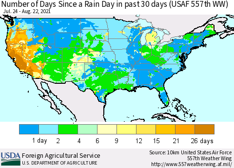 United States Number of Days Since a Rain Day in past 30 days (USAF 557th WW) Thematic Map For 8/16/2021 - 8/22/2021