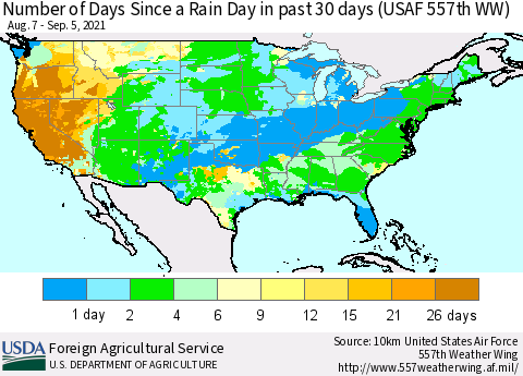 United States Number of Days Since a Rain Day in past 30 days (USAF 557th WW) Thematic Map For 8/30/2021 - 9/5/2021
