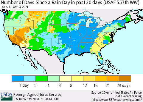 United States Number of Days Since a Rain Day in past 30 days (USAF 557th WW) Thematic Map For 9/27/2021 - 10/3/2021