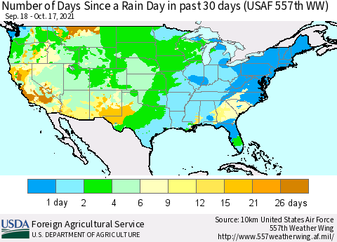 United States Number of Days Since a Rain Day in past 30 days (USAF 557th WW) Thematic Map For 10/11/2021 - 10/17/2021