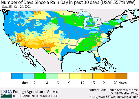 United States Number of Days Since a Rain Day in past 30 days (USAF 557th WW) Thematic Map For 10/18/2021 - 10/24/2021