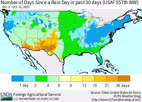 United States Number of Days Since a Rain Day in past 30 days (USAF 557th WW) Thematic Map For 10/25/2021 - 10/31/2021