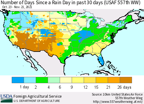 United States Number of Days Since a Rain Day in past 30 days (USAF 557th WW) Thematic Map For 11/15/2021 - 11/21/2021