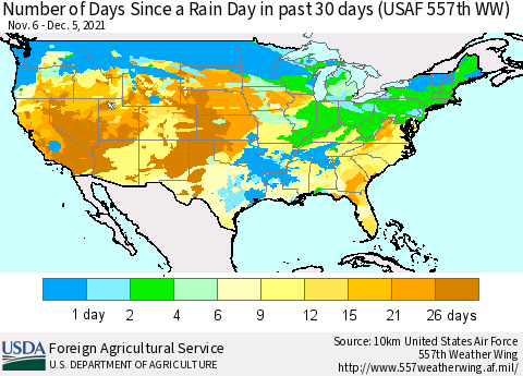 United States Number of Days Since a Rain Day in past 30 days (USAF 557th WW) Thematic Map For 11/29/2021 - 12/5/2021