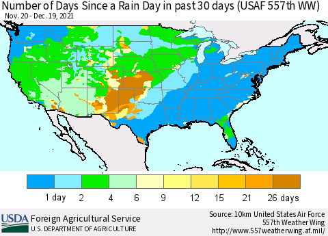 United States Number of Days Since a Rain Day in past 30 days (USAF 557th WW) Thematic Map For 12/13/2021 - 12/19/2021