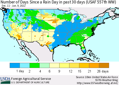United States Number of Days Since a Rain Day in past 30 days (USAF 557th WW) Thematic Map For 1/3/2022 - 1/9/2022
