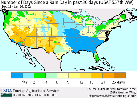 United States Number of Days Since a Rain Day in past 30 days (USAF 557th WW) Thematic Map For 1/10/2022 - 1/16/2022