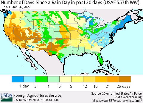 United States Number of Days Since a Rain Day in past 30 days (USAF 557th WW) Thematic Map For 1/24/2022 - 1/30/2022