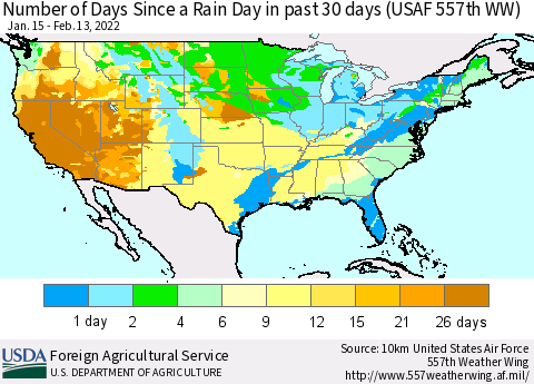United States Number of Days Since a Rain Day in past 30 days (USAF 557th WW) Thematic Map For 2/7/2022 - 2/13/2022