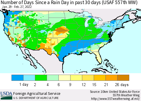 United States Number of Days Since a Rain Day in past 30 days (USAF 557th WW) Thematic Map For 2/21/2022 - 2/27/2022