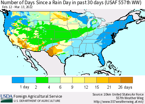 United States Number of Days Since a Rain Day in past 30 days (USAF 557th WW) Thematic Map For 3/7/2022 - 3/13/2022