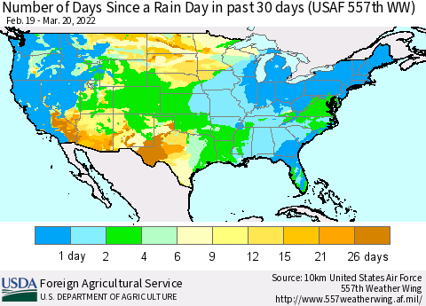 United States Number of Days Since a Rain Day in past 30 days (USAF 557th WW) Thematic Map For 3/14/2022 - 3/20/2022