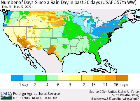 United States Number of Days Since a Rain Day in past 30 days (USAF 557th WW) Thematic Map For 3/21/2022 - 3/27/2022