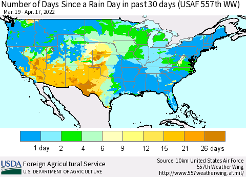 United States Number of Days Since a Rain Day in past 30 days (USAF 557th WW) Thematic Map For 4/11/2022 - 4/17/2022