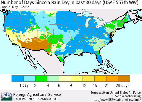 United States Number of Days Since a Rain Day in past 30 days (USAF 557th WW) Thematic Map For 4/25/2022 - 5/1/2022