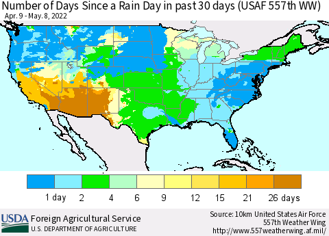 United States Number of Days Since a Rain Day in past 30 days (USAF 557th WW) Thematic Map For 5/2/2022 - 5/8/2022