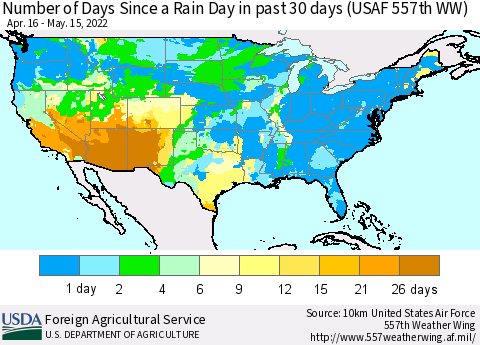 United States Number of Days Since a Rain Day in past 30 days (USAF 557th WW) Thematic Map For 5/9/2022 - 5/15/2022