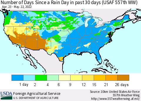 United States Number of Days Since a Rain Day in past 30 days (USAF 557th WW) Thematic Map For 5/16/2022 - 5/22/2022