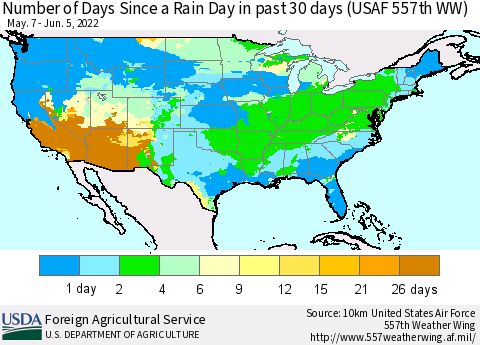 United States Number of Days Since a Rain Day in past 30 days (USAF 557th WW) Thematic Map For 5/30/2022 - 6/5/2022