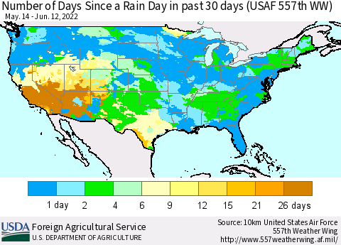 United States Number of Days Since a Rain Day in past 30 days (USAF 557th WW) Thematic Map For 6/6/2022 - 6/12/2022