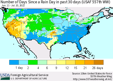 United States Number of Days Since a Rain Day in past 30 days (USAF 557th WW) Thematic Map For 7/4/2022 - 7/10/2022