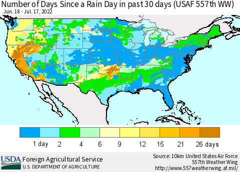 United States Number of Days Since a Rain Day in past 30 days (USAF 557th WW) Thematic Map For 7/11/2022 - 7/17/2022