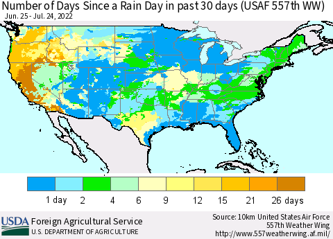 United States Number of Days Since a Rain Day in past 30 days (USAF 557th WW) Thematic Map For 7/18/2022 - 7/24/2022