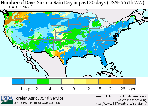 United States Number of Days Since a Rain Day in past 30 days (USAF 557th WW) Thematic Map For 8/1/2022 - 8/7/2022