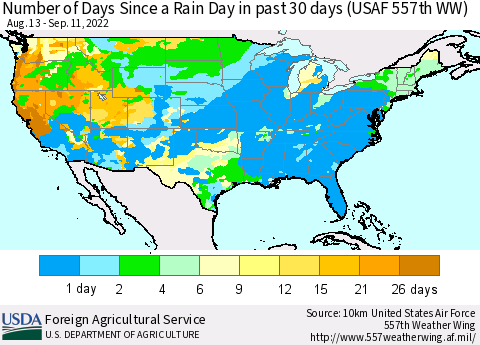 United States Number of Days Since a Rain Day in past 30 days (USAF 557th WW) Thematic Map For 9/5/2022 - 9/11/2022